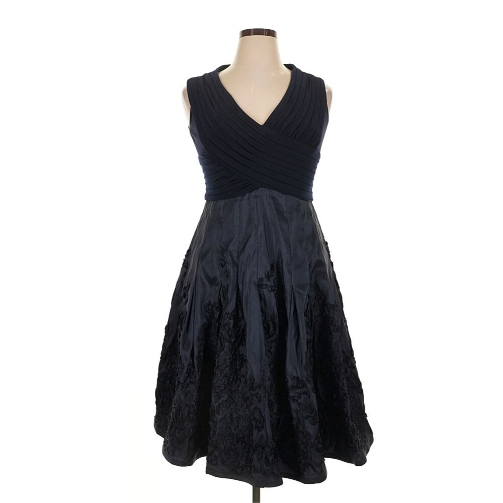 Adrianna Papell Navy Blue Taffeta Embroirdered Cocktail Dress, A Line, Women 16